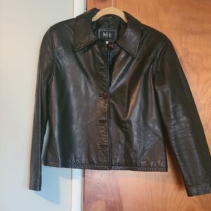 Women's Black Leather Jacket Waist Length With Shoulder Pads